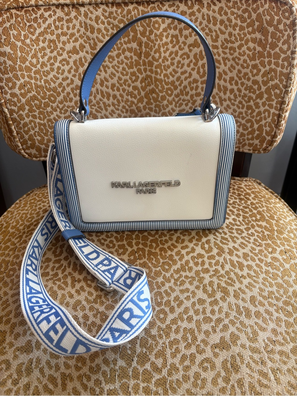 Karl Lagerfeld White and Light Blue Top Handle Shoulder Bag with Stripe Trim - Picture 2 of 11